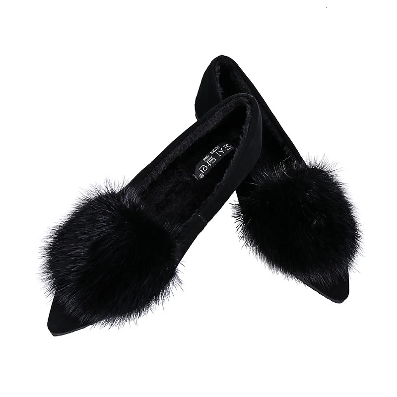 winter mink fur shoes woman pointy cozy plush flats furry moccasins women ballet flats flock mules slip on cotton shoes 250930