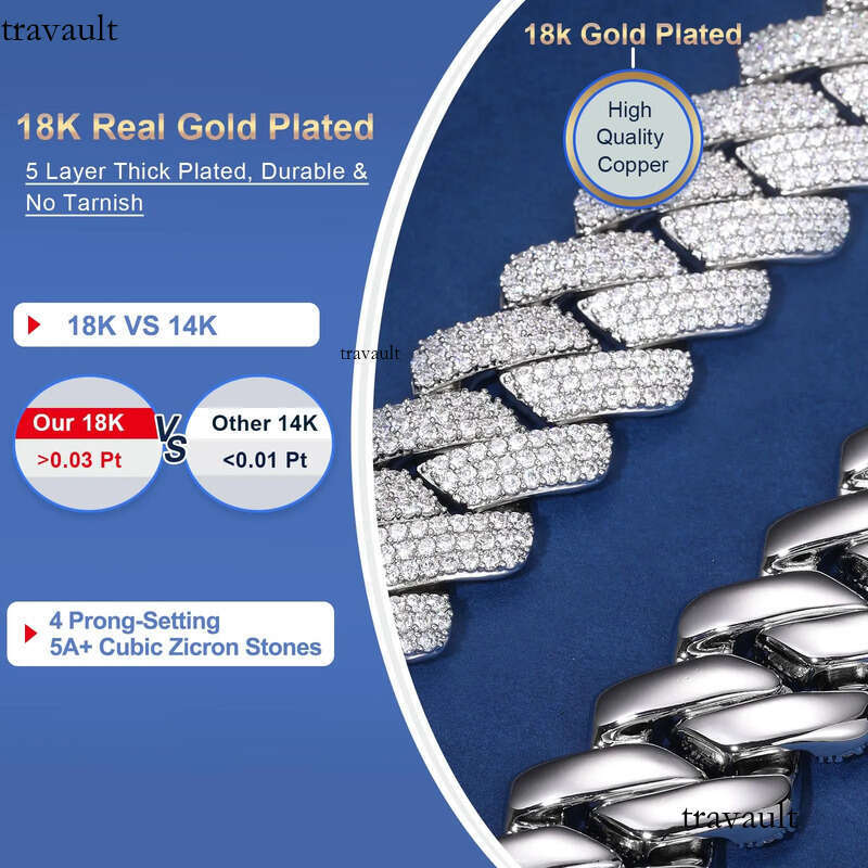 Cuban Link Chain Designer For Men 20MM W 3 Row Bling Dia Necklace Prong Bracelet Rapper Hip Hop Thicker Gold Plated Jewelry Woman Christmas Gift