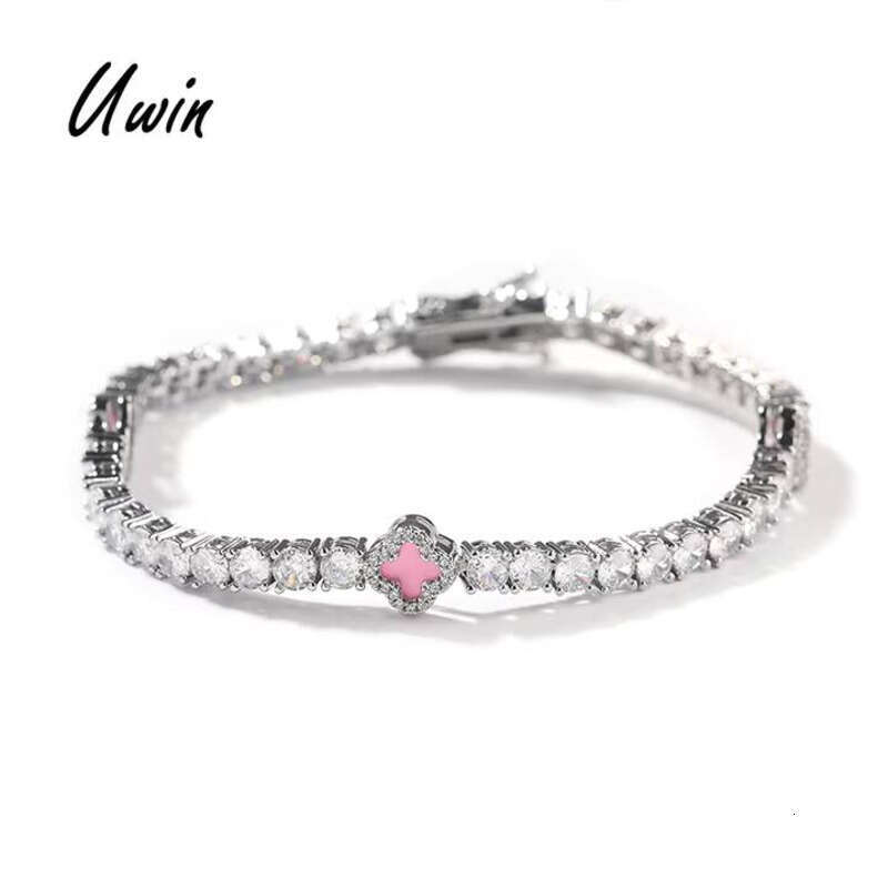 UWIN Trendy Mini Size 4-Leaf Pink Clover Tennis Chain Luxurious Women Men Pearl Ice Bracelet Jewelry