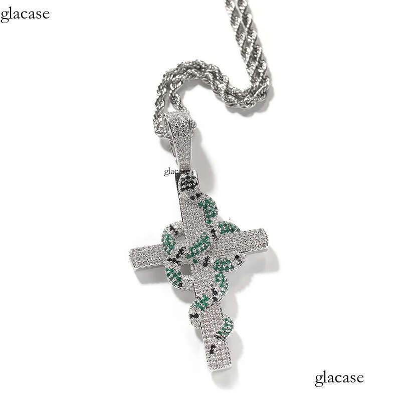 Hip Hop Colorful Snake Cross Pendant Necklace TopBling Full Cubic Zirconia Religious Jewelry 1b