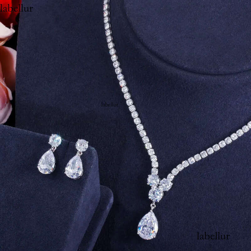 Choucong Original Wedding Jewelry Sets White Gold Fill Water Drop 5A Cubic Zircon CZ Dia Party Women Stud Earrings Bridal Tennis Necklace Gift 59