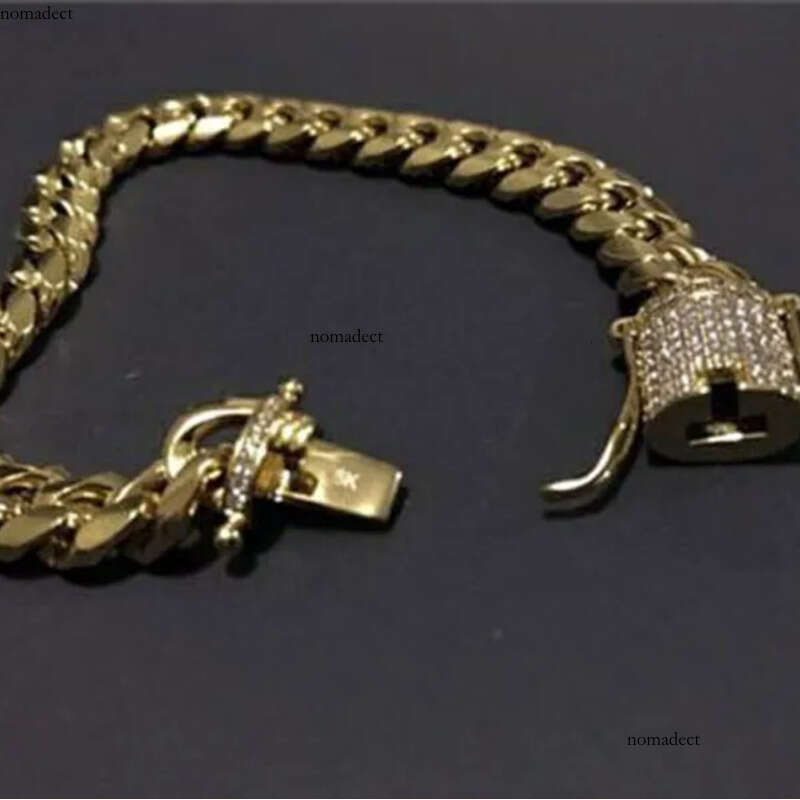 Moissanite Mens Gold Tone 316L Stainless Steel Necklace Cuban Link Chain with Dias Clasp Lock cc