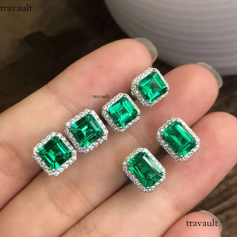 Handmade Sparkling Stud Earrings Jewelry Sterling Sier Princess Cut Emerald Zircon CZ Dia Party Elegant Women Wedding Earring Gift