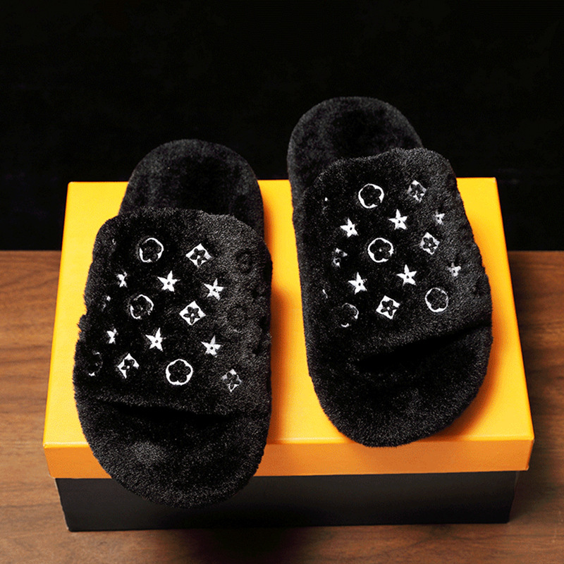 Designer shoes hot free shipping High quality fur integrated slippers new anti slip thick bottom indoor outdoor warm cotton flat slippers white grey b