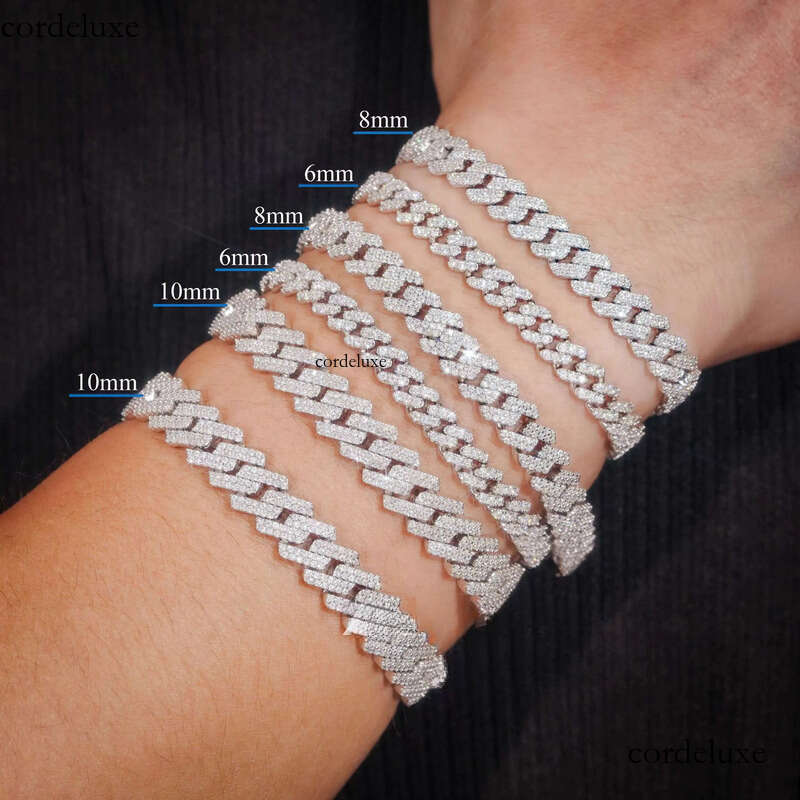 Hot Sale Fine Jewelry Lab Dia S Sterling Sier Rhodium Plated Moissanite Men Cuban Link Bracelet 36
