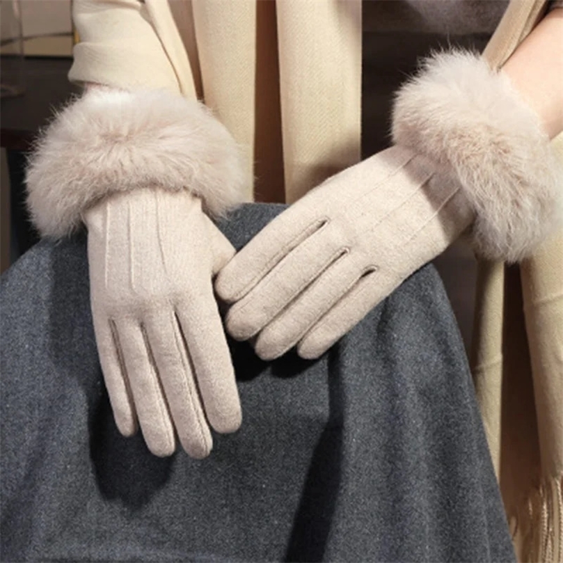 Rabbit Fur Gloves Female Winter Velvet Thicken Warm Mittens Cashmere Full Finger Embroidery Wool Touch Screen Driving H65 241112w