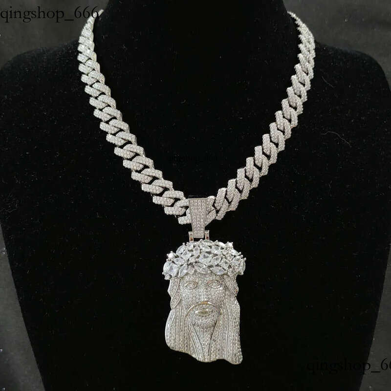 necklace moissanite chain Jesus Pendant with 13mm Moissanite Cuban Chain Necklace Hip Hop Jewelry for Men Gift 09