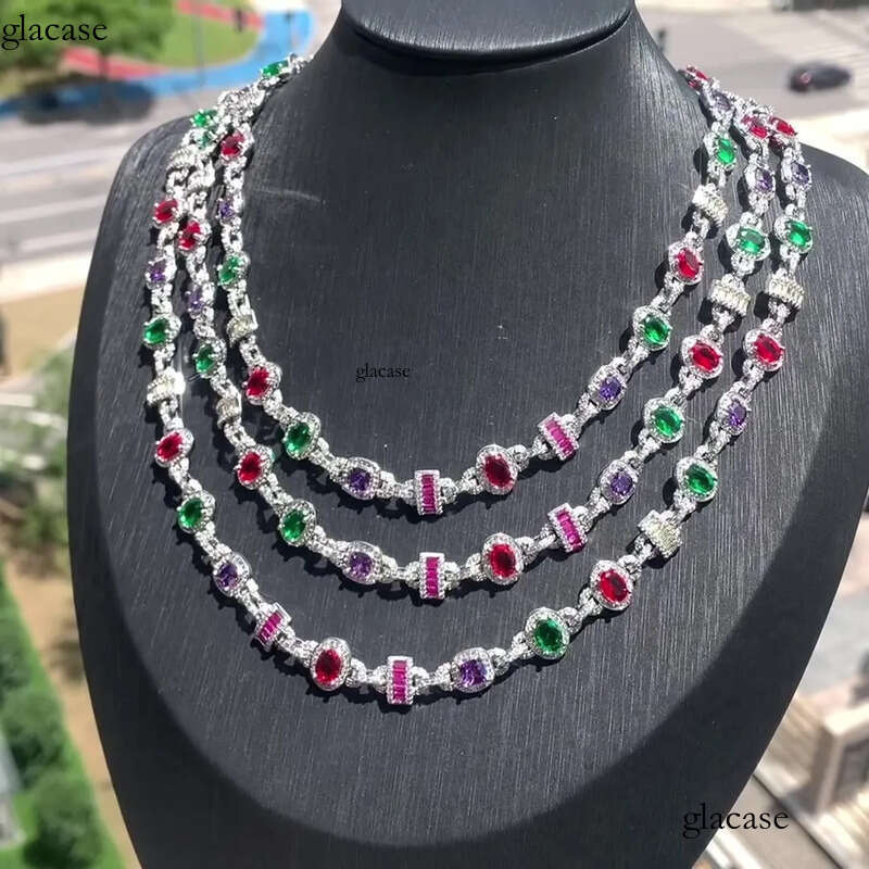 10mm Hip Hop Colorful Gemstone Tennis Necklaces Jewelry Men Women Choker Clavicle Chain 2c
