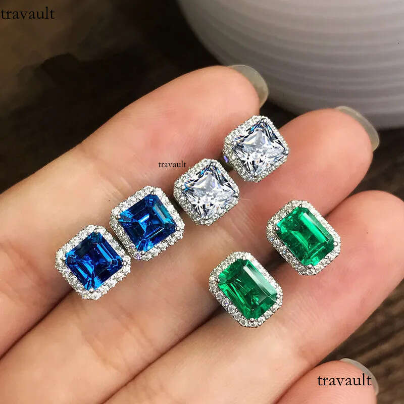 Handmade Sparkling Stud Earrings Jewelry Sterling Sier Princess Cut Emerald Zircon CZ Dia Party Elegant Women Wedding Earring Gift