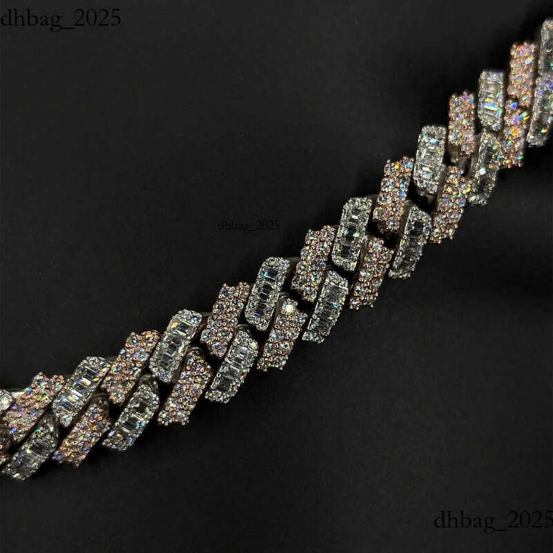 Kibo Iced Out Pure Sier Necklace Gra Vvs 15mm Two Tone Style Baguette and Round Cut Moissanite Cuban Link Chain