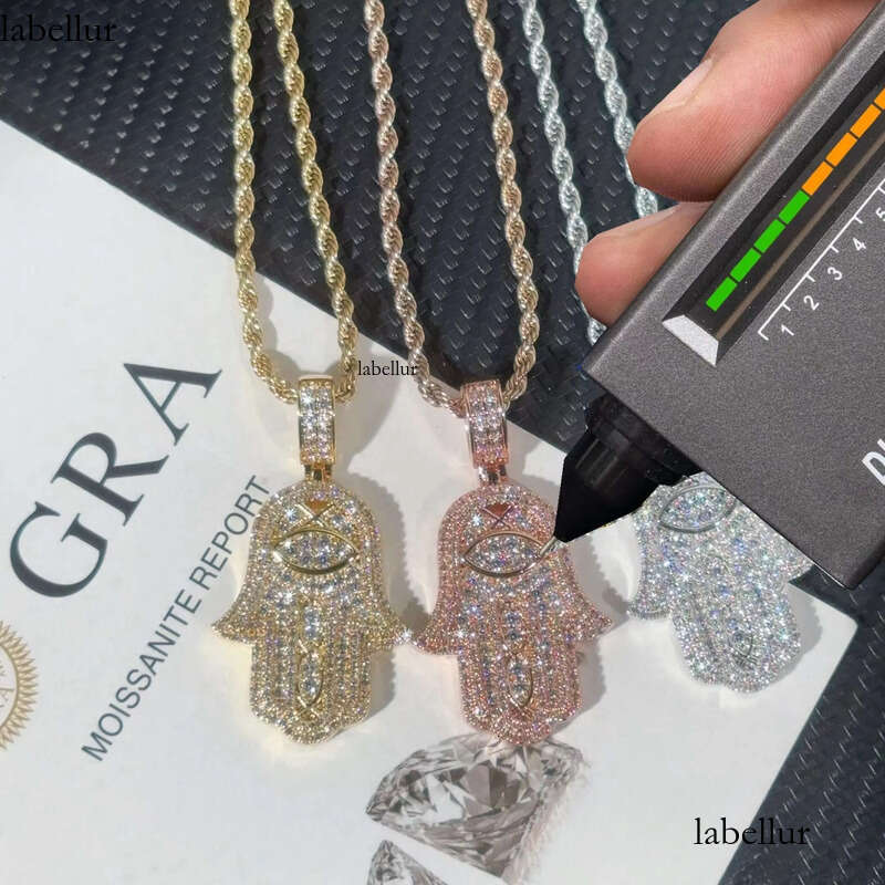 Ready to Ship Hip Hop Jewelry Hamsa Iced Out Sterling Sier Moissanite Pendant With Rope Chain for Men 53