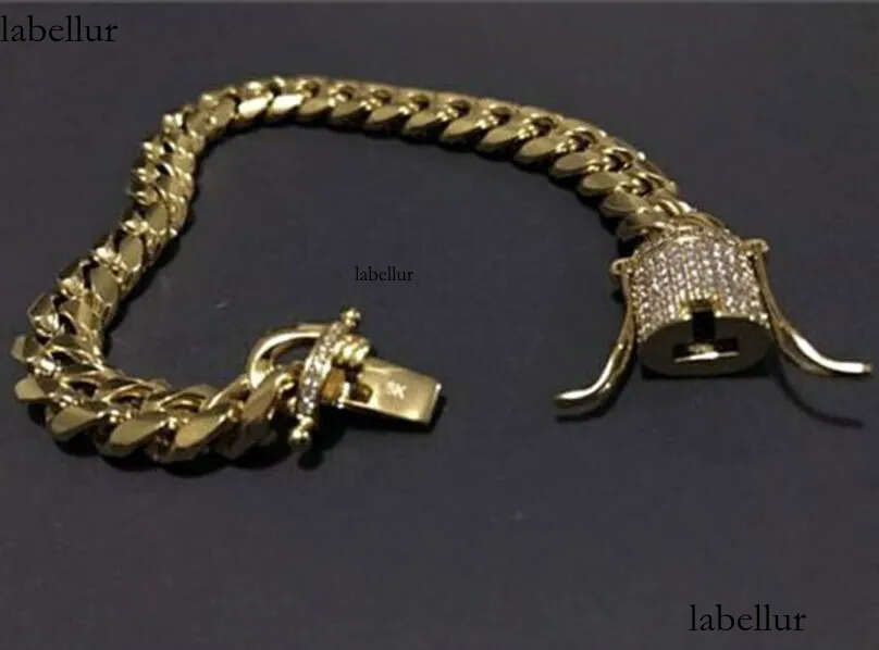 Moissanite Mens Gold Tone 316L Stainless Steel Necklace Cuban Link Chain with Dias Clasp Lock a2