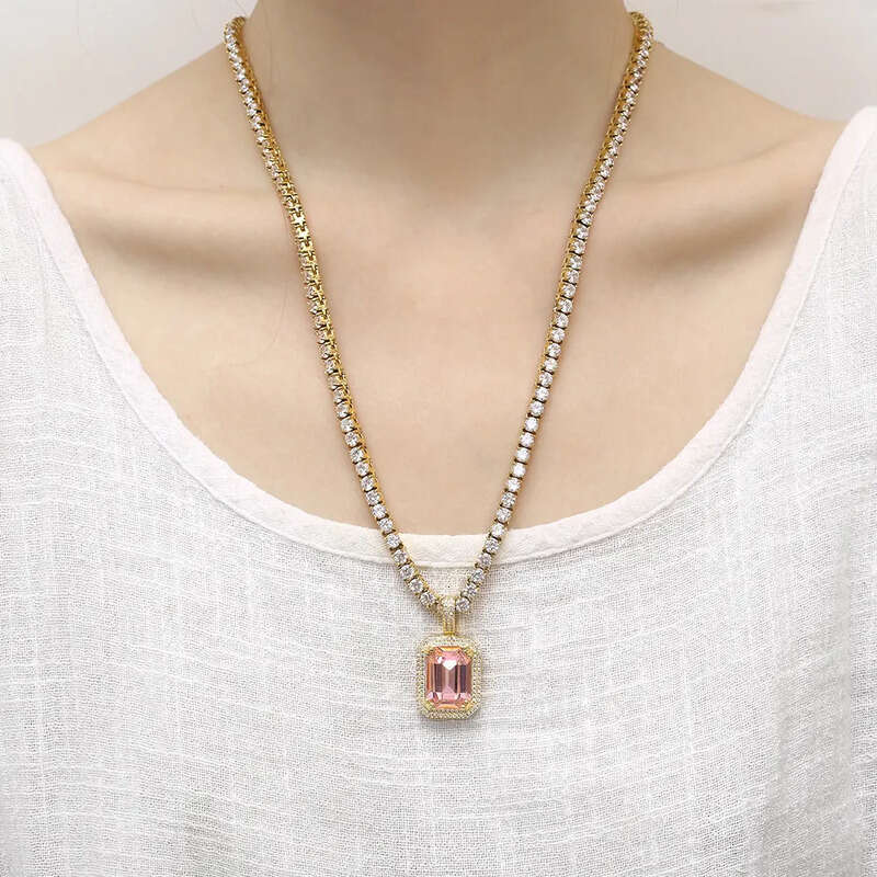 Colorful Square Gemstone Pendants TopBling Full Cubic Zirconia Choker Chain Necklaces for Women Men Hip Hop Jewelry