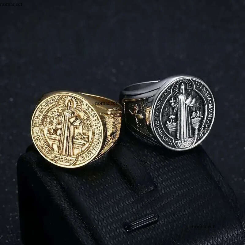 Titanium Steel Catholic Patron Saint St Benedict of Nursia Holy Medal Cross Round Finger Rings for Men Punk Jewelry 64