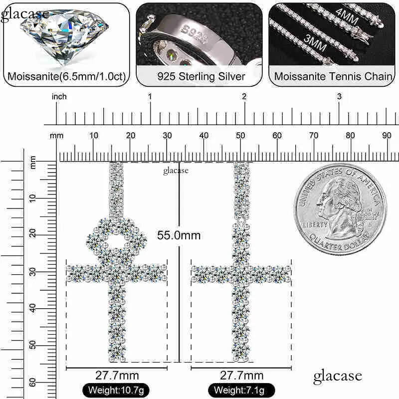 Pass Tester Sterling Sier VVS Moissanite Dia Ankh Cross Pendant 4mm Tennis Chain Necklace Jewelry Set 3e