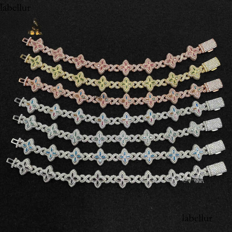 Colorful Marquise Flower Design 15mm Custom Iced Out Hip Hop Jewelry Cuban Link Chain Sier VVS Moissanite Bracelet c7