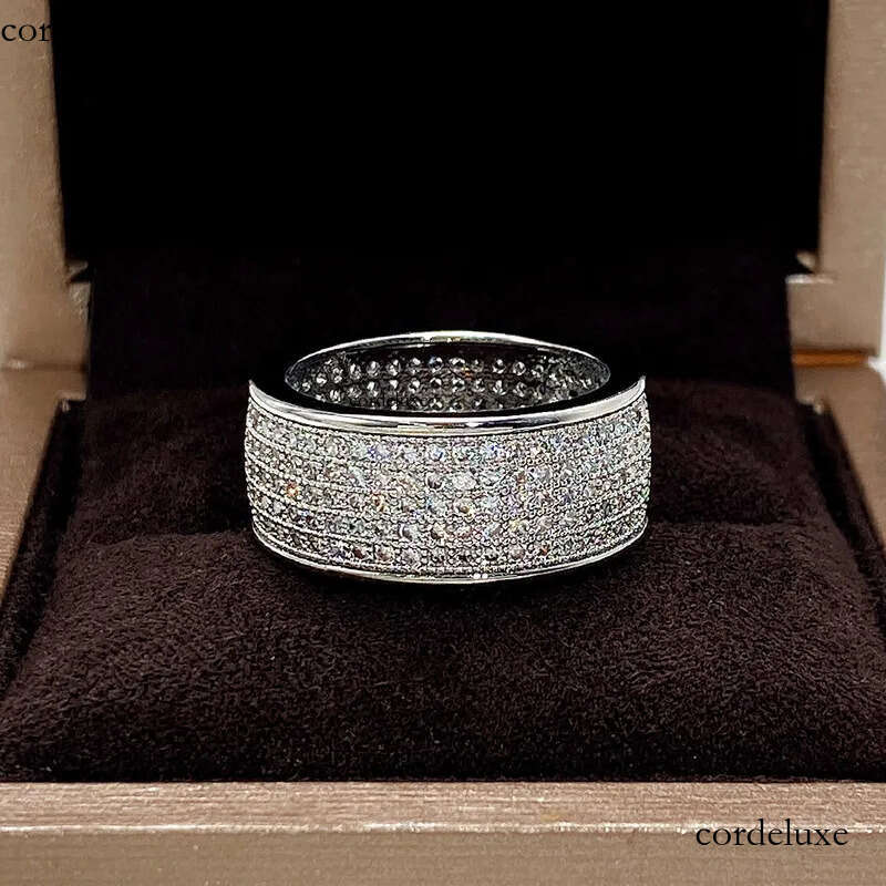 2024 Sparkling Hip Hop 5 Rows Pave Micro 5A Cubic Zircon Wedding Rings Jewelry Sterling Sier Fill Gorgeous Party Women Men Finger Ring Gift 87