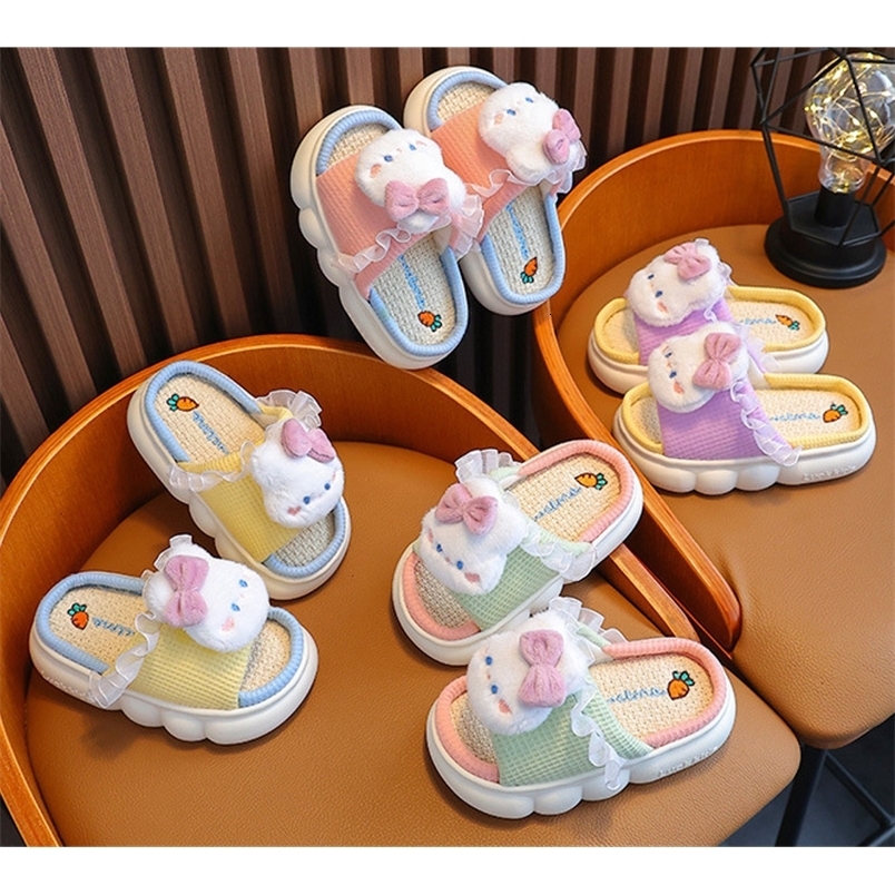 Slipper Children's Girls Linen Bowknot Rabbit Slippers Cute Cartoon Home Comfortable Slippers Non-Slip Soft Breathable Flat Kids Slipper 230710