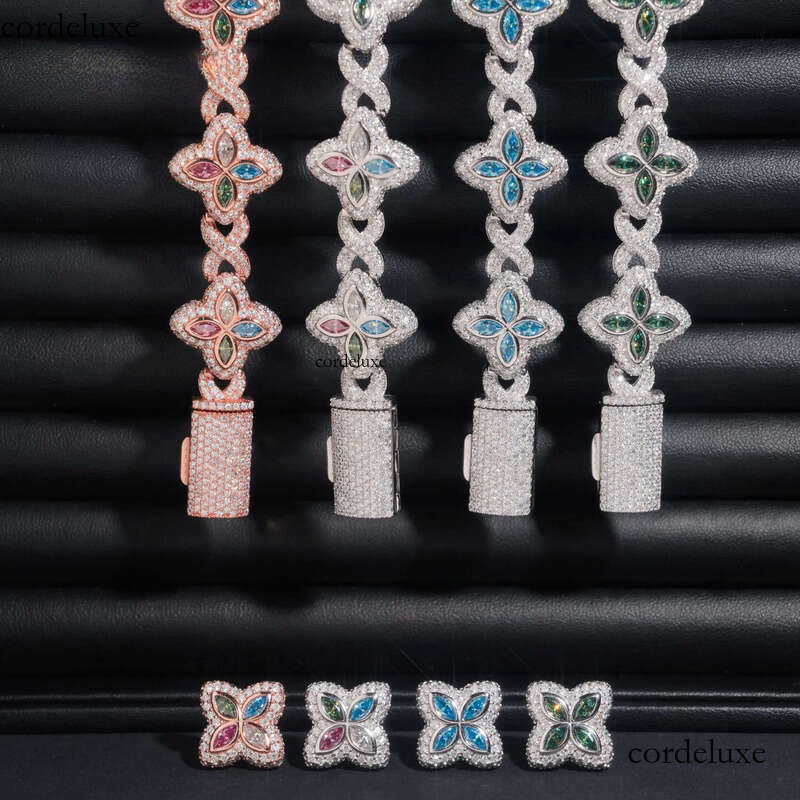 Hip Hop Sier 18MM Width Colored Clover Moissanite Bracelet with Earrings Custom Iced Out Fine Jewelry Sets for Men Women 1a