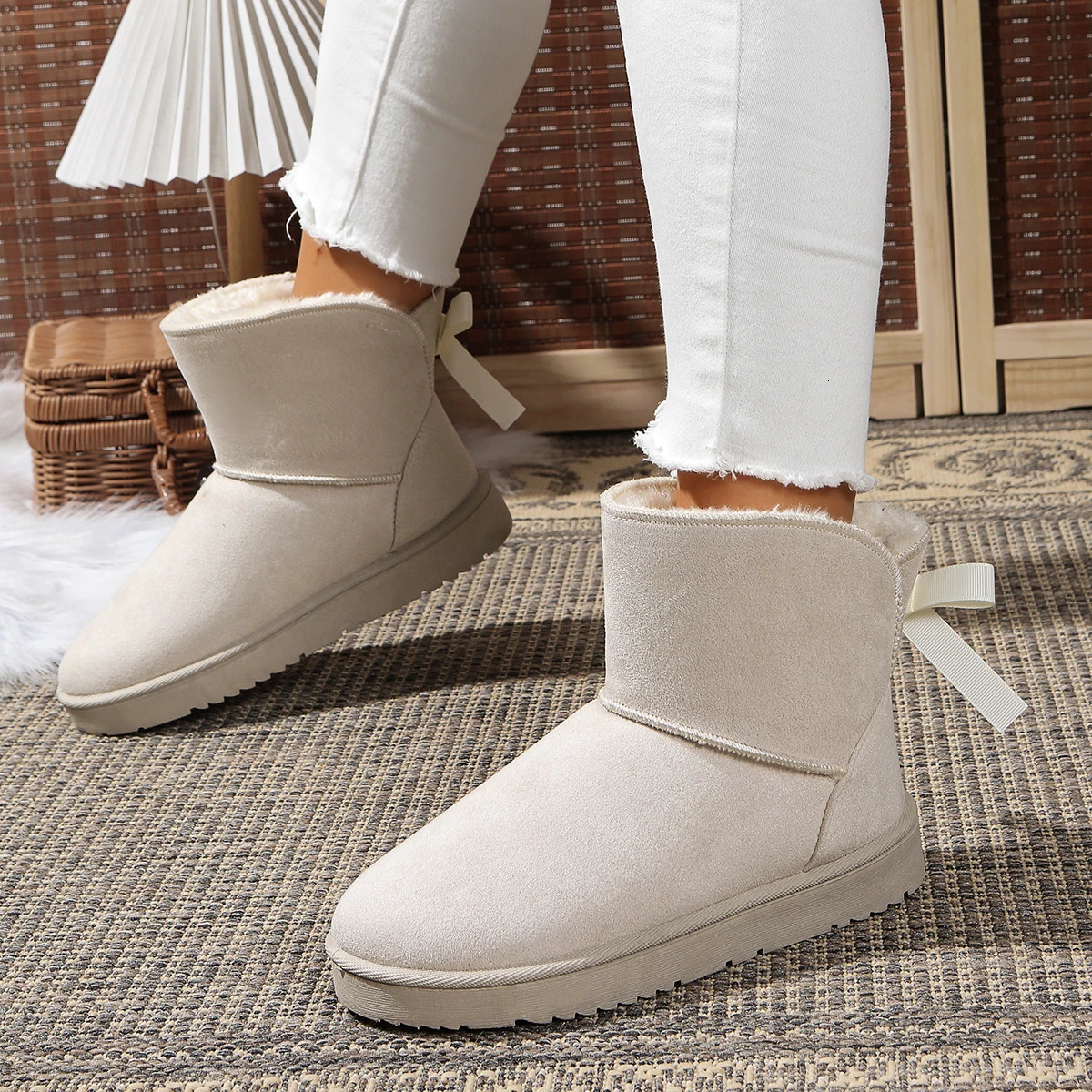 Women Snow Boots Couples Ankle Boots Fashion Round Toe Bow Thick Plush Casual Comfortable Womens Boots 250929