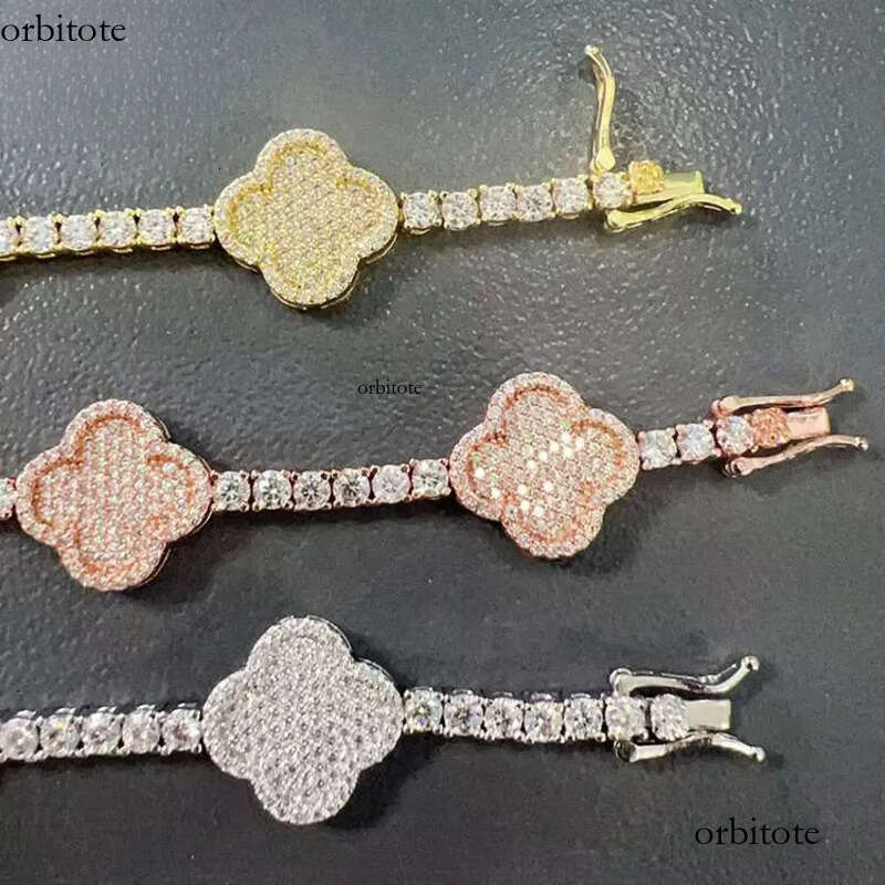 Goldleaf New Product SIER Moissanite Trendy Hip Hop Style Iced Out Lucky Flower Cuban Link Chain Bracelet 16