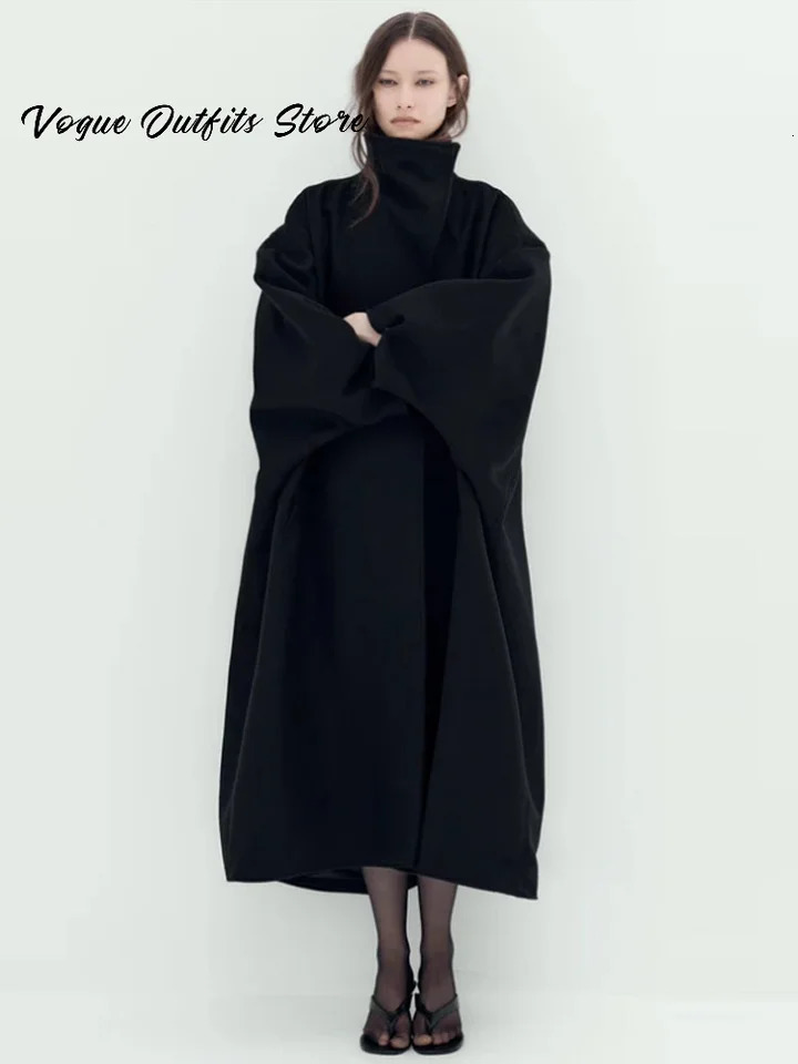 Chic Stand Collar Long Woolen Coat Women Puff Sleeve Single Breasted Loose Warm Overcoat 2025 Autumn Winter Lady Outwear 251030