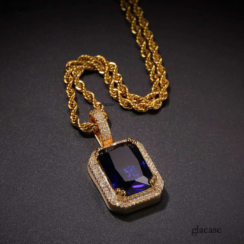 Mens Hip Hop Necklace Jewelry Fashion Fluorescent Square Gem Pendant Red Pink Gemstone Necklaces With 3mm*24inch Twist Chain d8