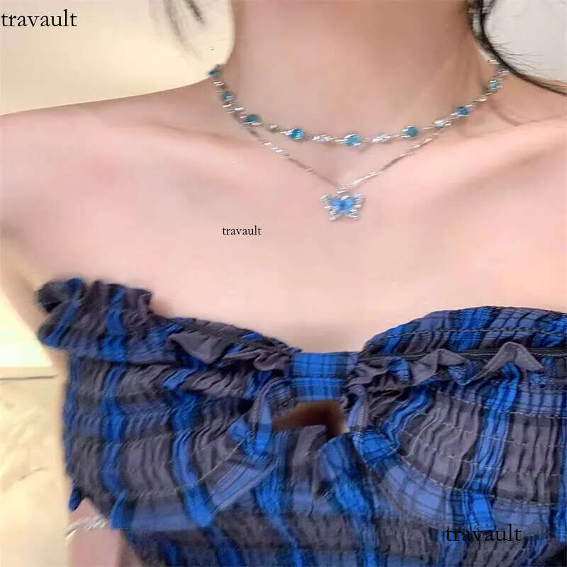 DHCollections Double Layer Wear Blue butterfly Zircon Necklace Light High Sense Clavicle Chain Fashion Design Niche Accessories