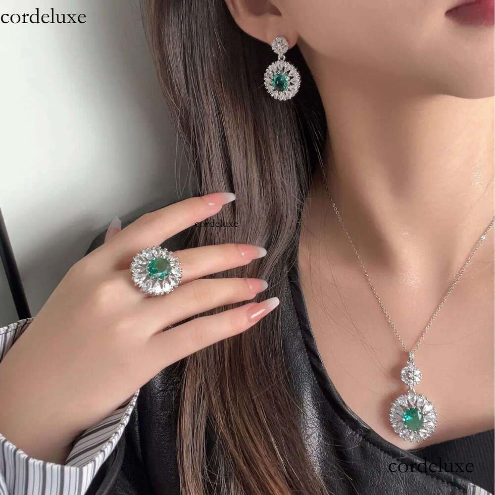 2024 Top Sell Wedding Sets Jewelry Sterling Sier Oval Cut Emerald Dia Cubic Zircon Open Ring Stud Earring Women Clavicel Necklace Gift 74