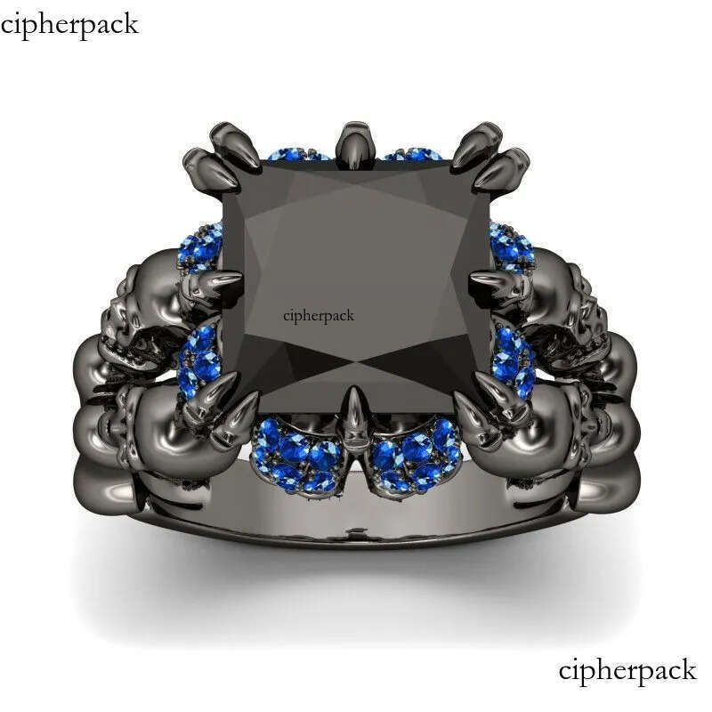 Vintage Punk Fashion Jewelry Wholesale New Brand 10KT Black Gold Filled Big Blue Sapphire Dia Women Wedding Skull Band Ring Gift Box 6b