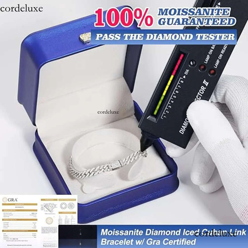 Top jewelry Bangle 8mm White Gold Sterg Sier VVS Moissanite Dia Cuban k Chain Bracelet Iced Out Mossanite Jewelry For Men Women dnlan 5a