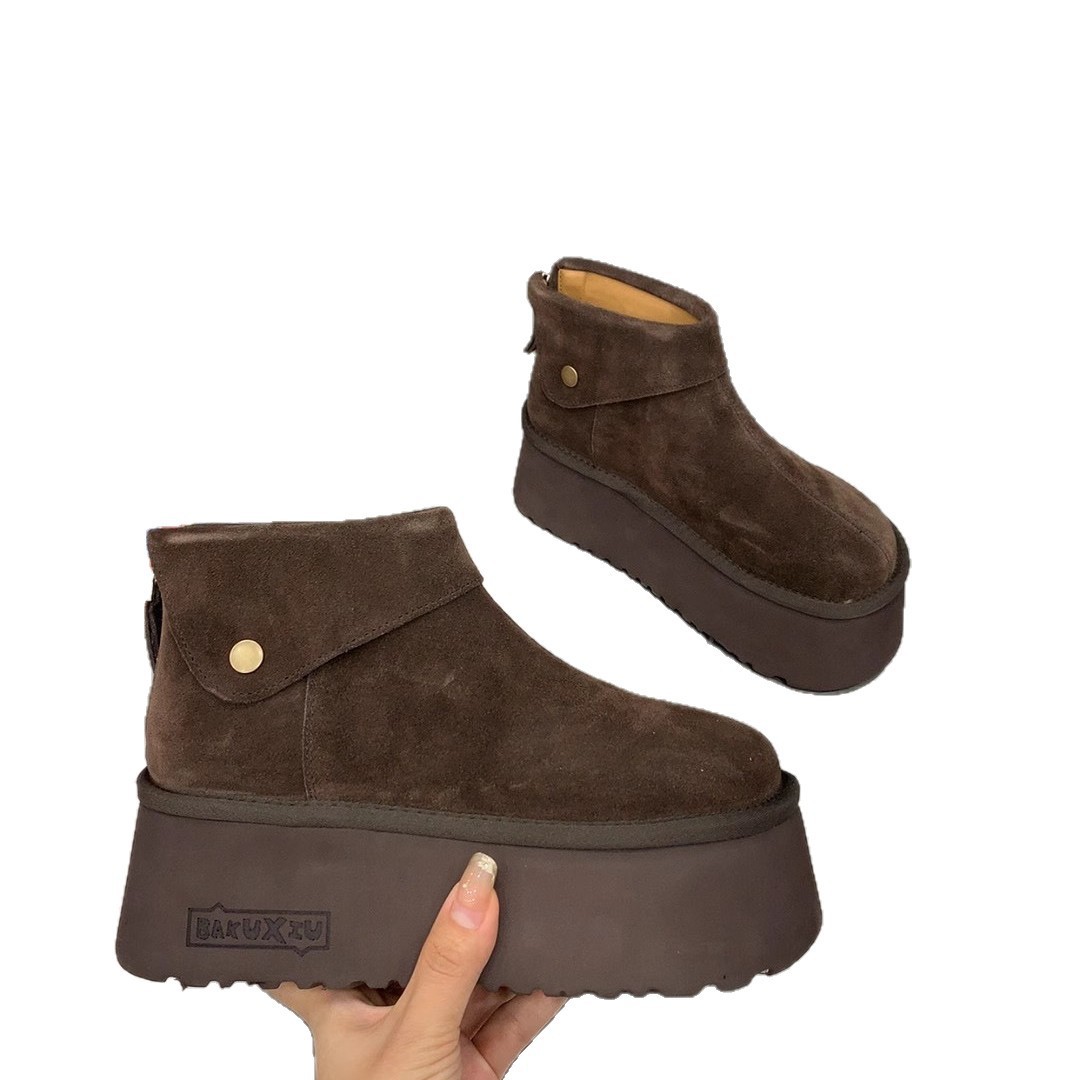 Free Shipping Simple casual shoes thick soled sponge snow boots women's shoes bread shoes height increasing frosted leather short boots NEW