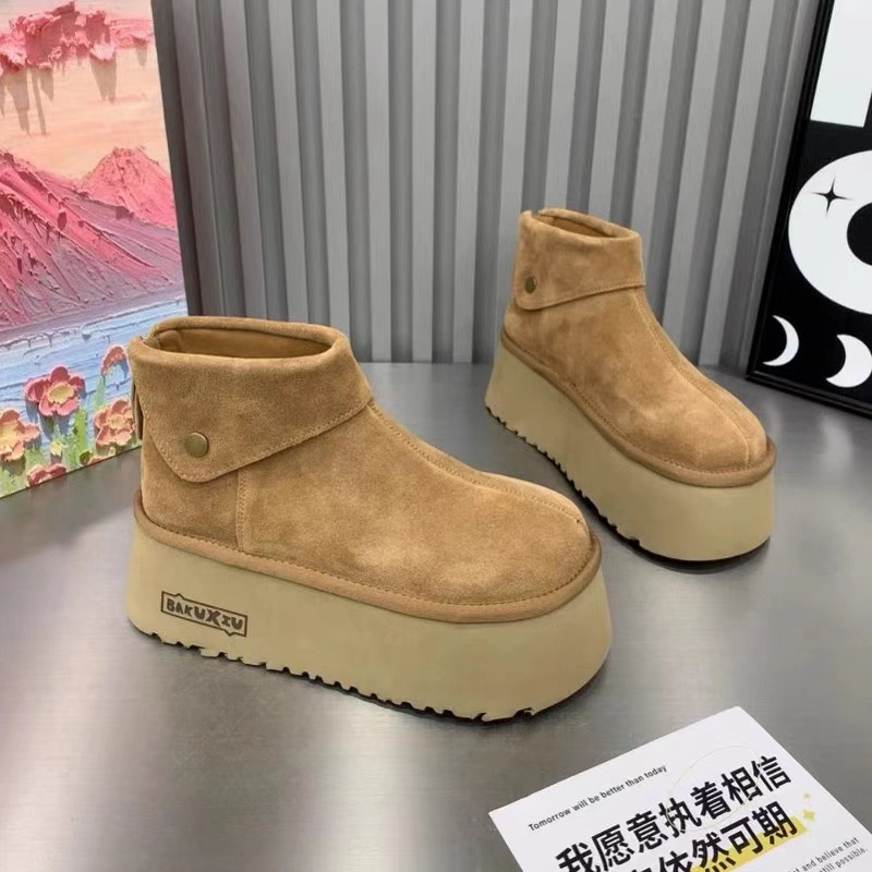 Free Shipping Simple casual shoes thick soled sponge snow boots women's shoes bread shoes height increasing frosted leather short boots NEW