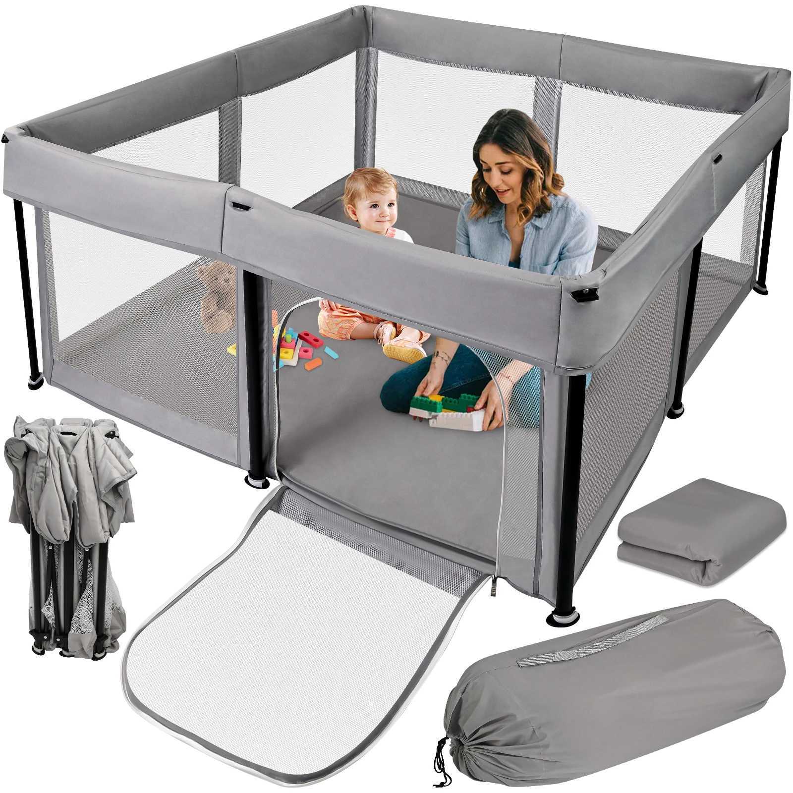 Foldable Baby Playpen with Mat 50 x 50 Inch Portable Sturdy Safe Baby Fence with Visible Breathable Mesh Zipper Door Storag C250929