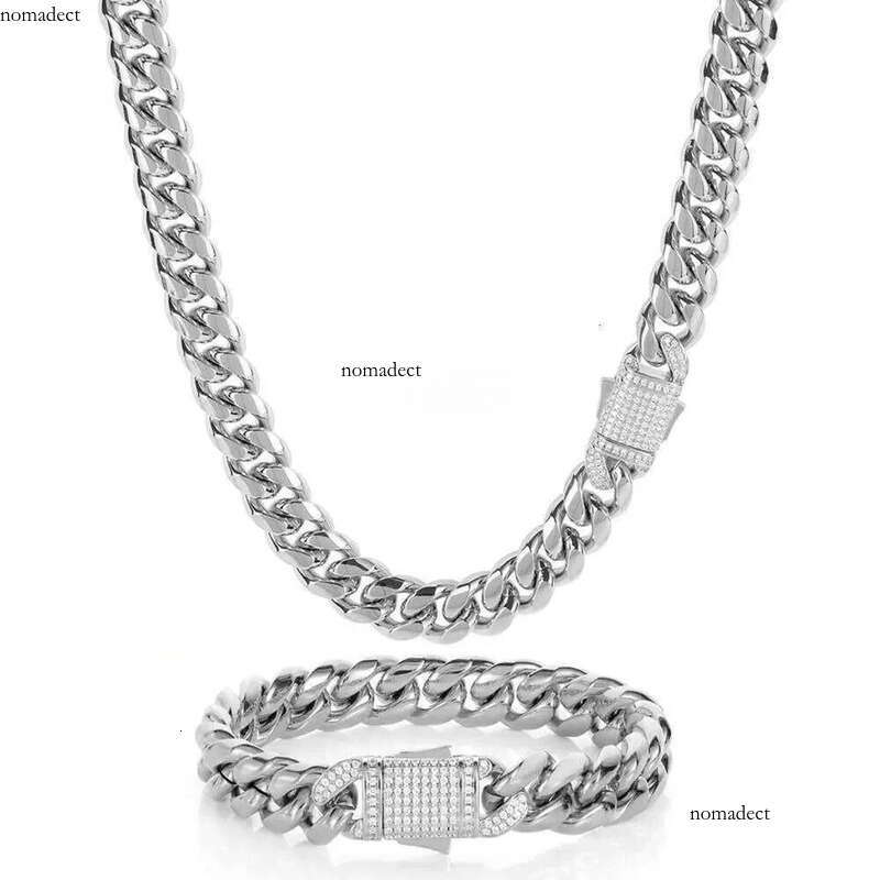 Hip Hop Miami Titanium Steel Mens Nece Bracelet Set with Zircon Spring Buckle Cuban Link Gold Chain Popular Jewelry chains 77