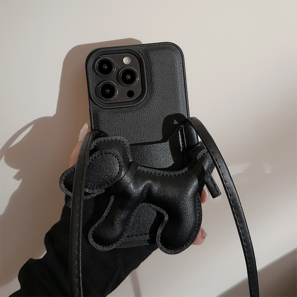Luxury Korean Crossbody Lanyard Necklace Dog Puppy Card Holder Black Case for IPhone 17 16 15 14 13 12 Pro Max Shockproof Cover