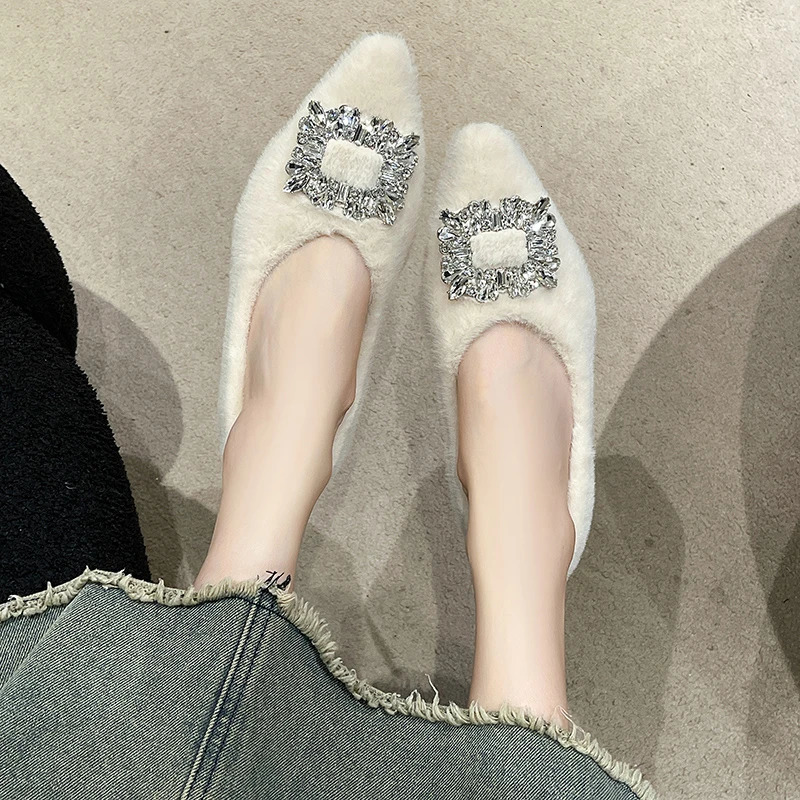 Aphixta Crystal Buckle Slip On Flats Soft Furry Shoe Shallow Flat With Women Loafers Pointed Toe Warm Casual Shoes 250930