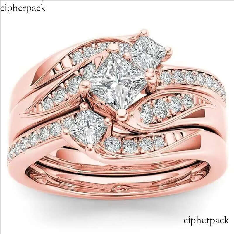 DHcollections Rose Gold Plated Simulated Dia Micro Set With Zircon Three Engagement Ring 1b