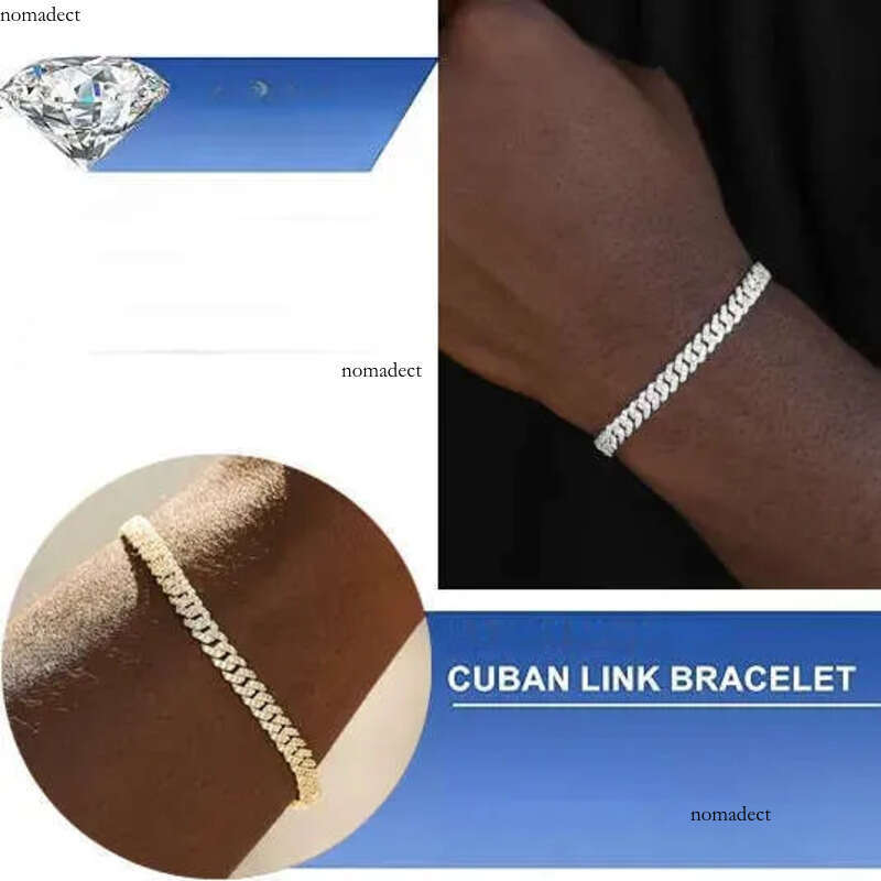 White Gold Sterling Sier VVS Moissanite Dia Cuban Link Chain Bracelet Iced Out Mossanite Jewelry For Men Women 9a
