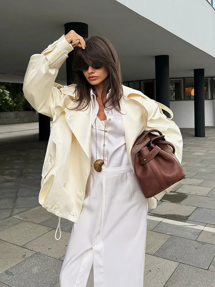 Elegant Cropped Trench Coats Womens 2025 Lace Up Lapel Vneck Windbreaker Jackets Autumn Street Casual Office Lady Outerwears 250929