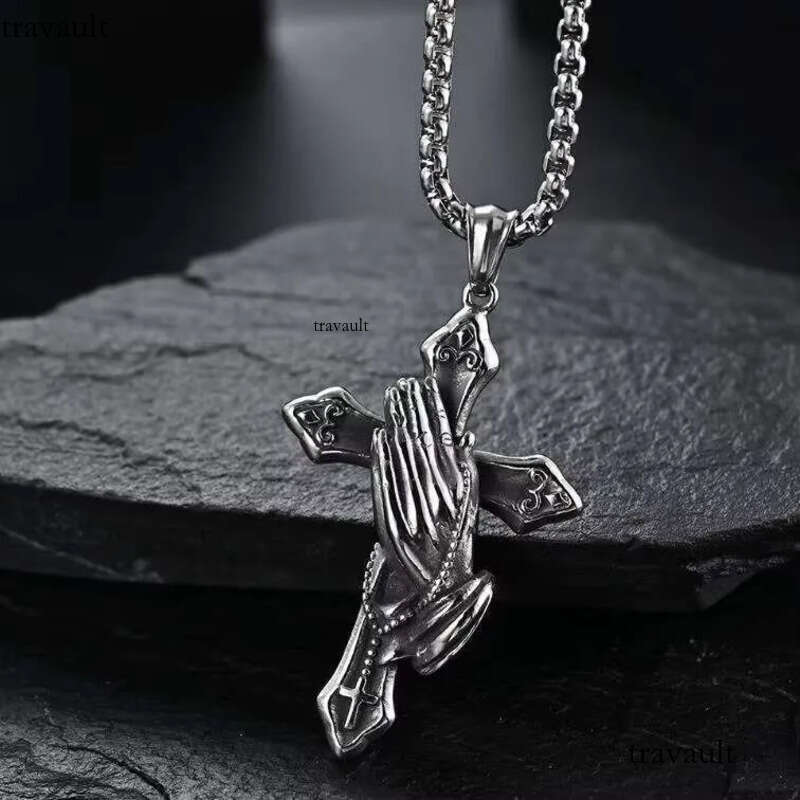 DHCollections Stainless Steel Cross Necklace with Praying Hands Pendant Chain Retro Style for Men