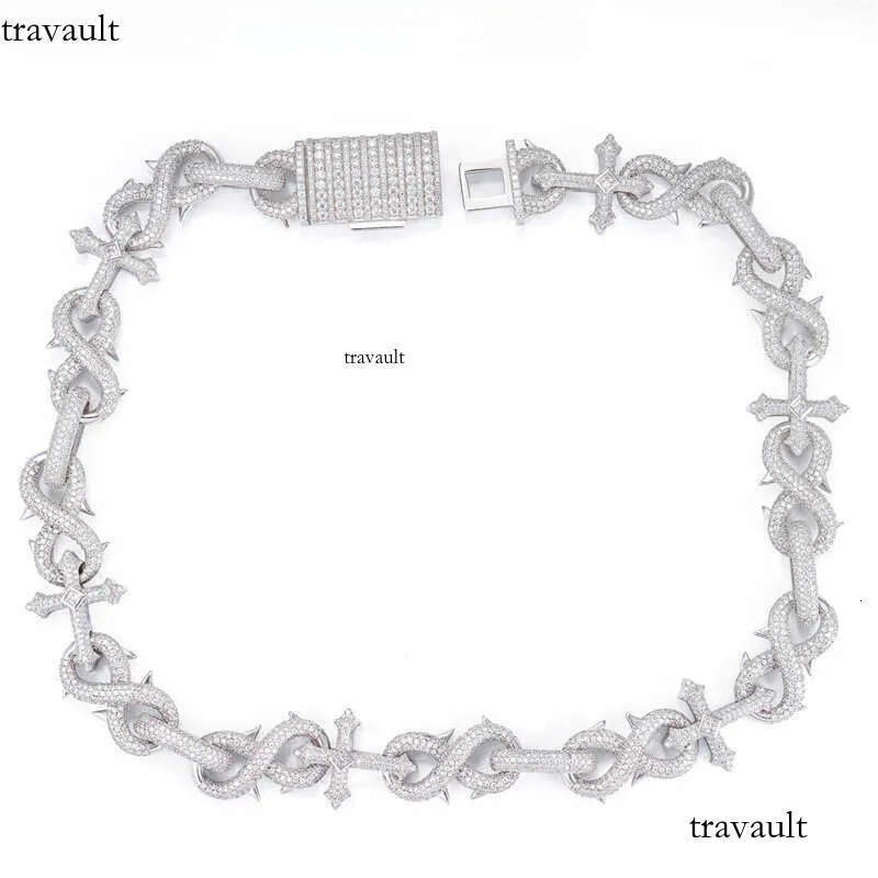 Hiphop16mm Sier Inlaid Mosan Full Cuban Chain Men's Dense Dia 8-line Hip Hop Necklace Bracelet