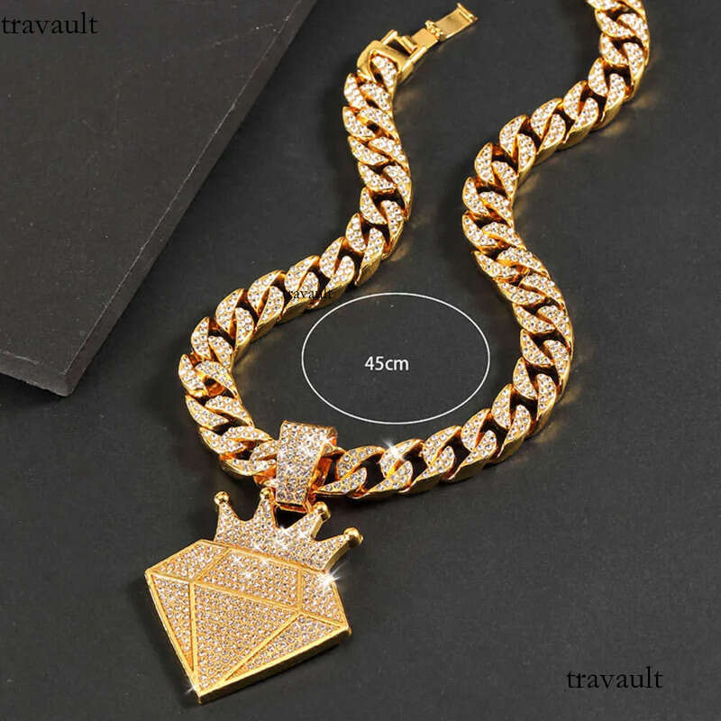 Hip Hop Iced Out Dia Crown Pendant Necklace Men Women with 13mm Bling Cuban Gold Chain Fashion cosplay Jewelry Gift