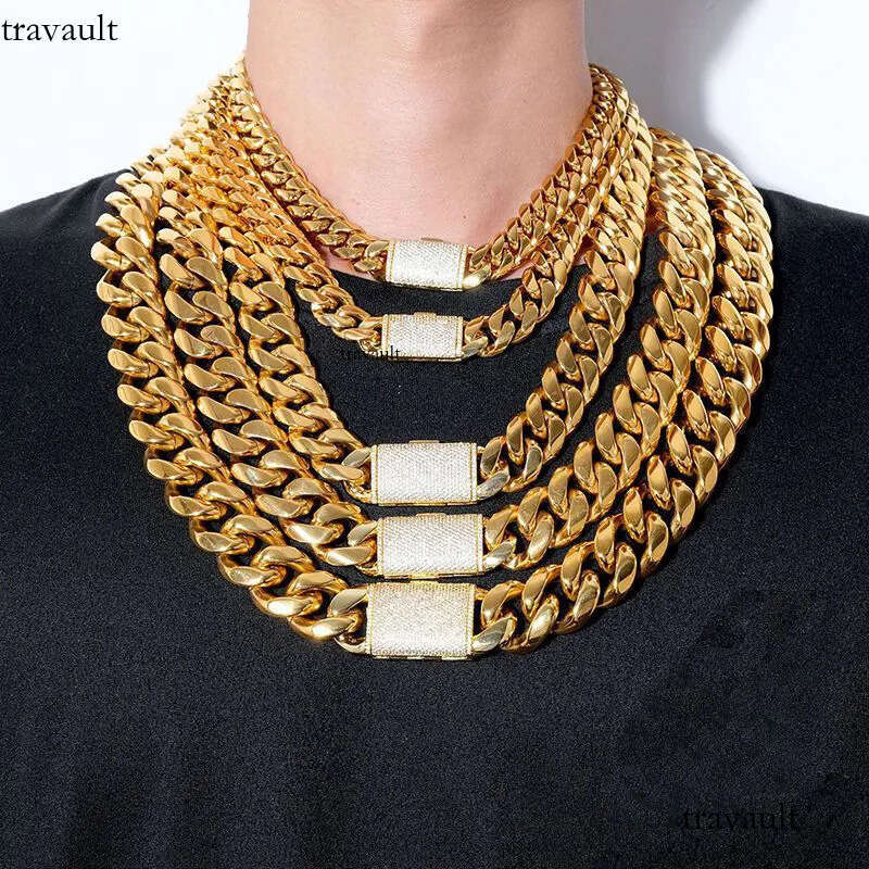 Miami Cuban Link Chain Necklace Designer 8/10/12/14mm Wide Micro Inlaid 5A CZ Dia In Buckle Rock Rapper Hip Hop Gold Mens Jewelry Women Luxe Gift