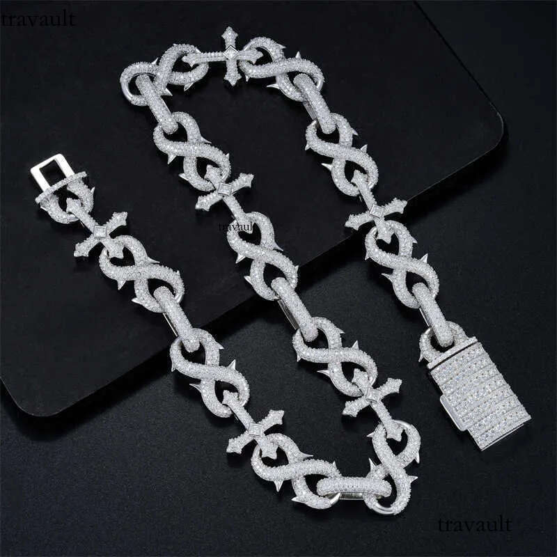 Hiphop16mm Sier Inlaid Mosan Full Cuban Chain Men's Dense Dia 8-line Hip Hop Necklace Bracelet