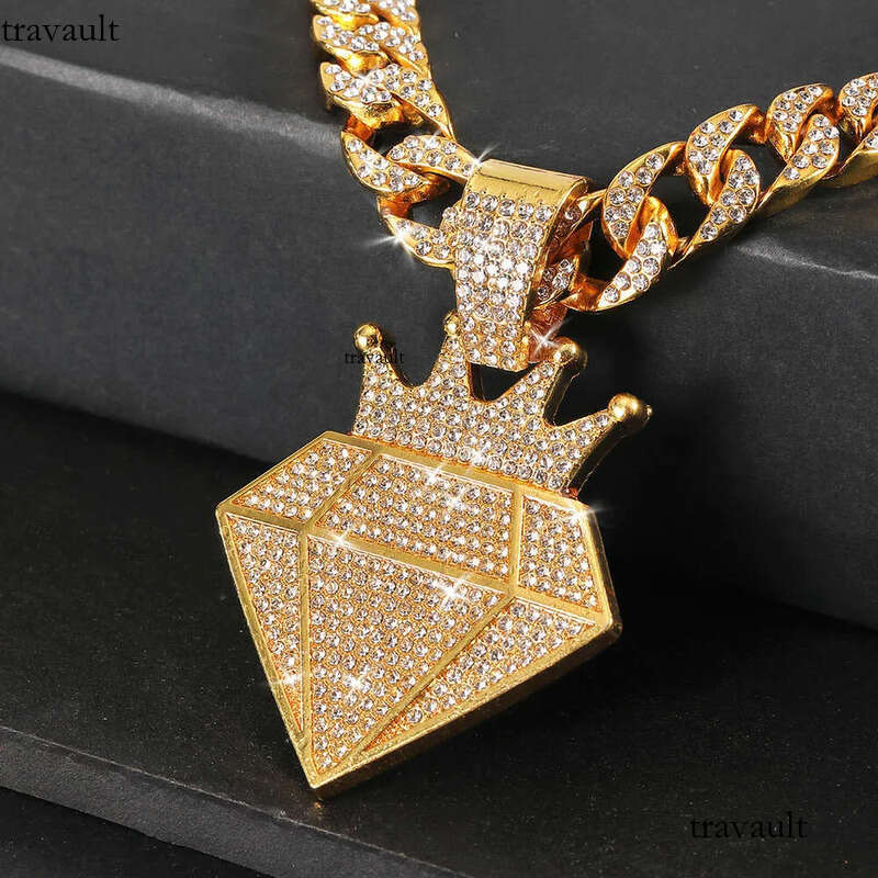 Hip Hop Iced Out Dia Crown Pendant Necklace Men Women with 13mm Bling Cuban Gold Chain Fashion cosplay Jewelry Gift