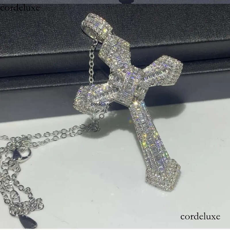 Rulalei Vintage Gorgeous Big 5A Cubic Zircon CZ Dia Sterling sier Cross Pendant Necklace for Women Men Party Wedding jewelry Gift 9b