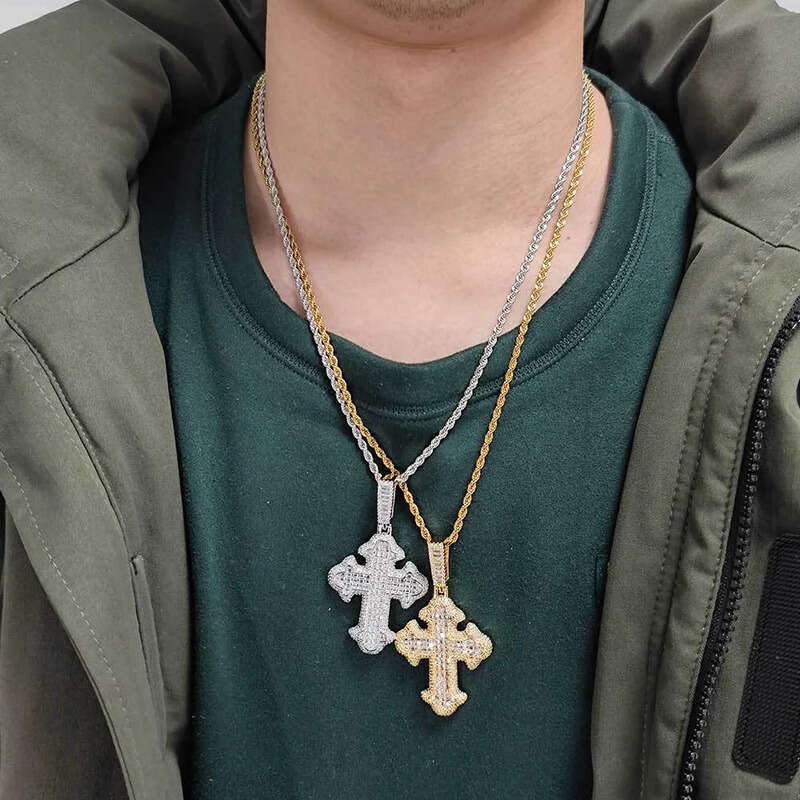 Hip Hop Fashion Charm Cross Pendant Necklace Zircon Crystal Real Gold Plated Women Men Religion Jewelry Gifts