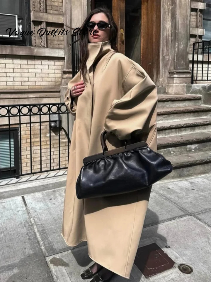 Chic Stand Collar Long Woolen Coat Women Puff Sleeve Single Breasted Loose Warm Overcoat 2025 Autumn Winter Lady Outwear 251030