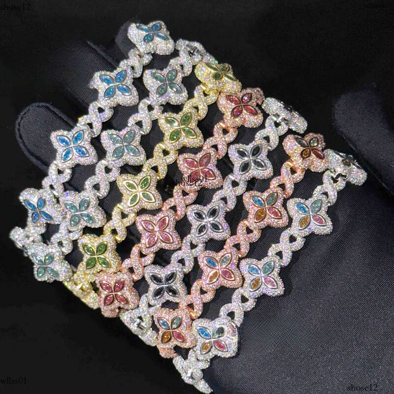 New 15mm Marquise Flower Design Hip hop Jewelry Iced out Unisex Cuban Link Chain Sier Moissanite Bracelet